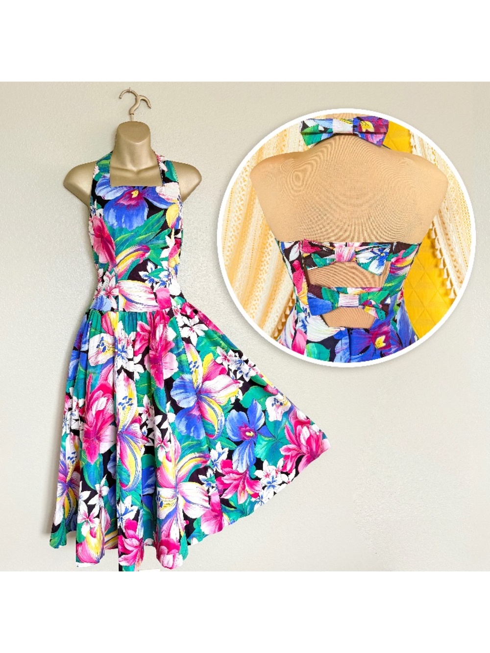 VTG 80s Tropical Floral Rockabilly Pinup Tiki Swing Halter Sun Dress Sz 8